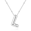 Detail of silver balloon letter L pendant with unique bead chain on white reflective surface - L-Steel