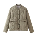 Detail of olive quilted jacket with leopard lining, snap buttons and ribbed collar - XS / Olive Green