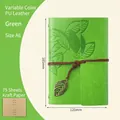 Green A6 PU leather vintage notebook with leaf embossing and metallic pendant - Green / A6