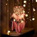 Pink heart dream catcher with lace net, warm LED lights, and soft hanging feathers - Heart With Lights / Pink