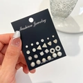 Silver-tone earring set with 12 pairs of pearls, rhinestones, and geometric shapes - Silver White (S452)