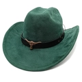 Detail of dark green suede cowboy hat featuring vintage bull head metal ornament and leather strap - M (56-58cm) / Dark Green