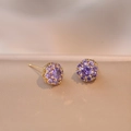 Elegant gold-tone sunflower cluster stud earrings with round purple gemstones and halo - Purple Flower Earrings (E0074) / Gold