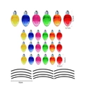 Detailed dimensions of colorful Christmas light bulb magnets and black cable stickers - RFM032: 6 Large Bulbs + 18 Small Bulbs + 12 Lines