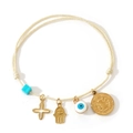 Handmade cream woven rope bracelet with Hamsa hand, cross, and blue evil eye charms - Off White