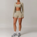 3-piece light khaki seamless yoga set with zipper jacket, racerback tank and gym shorts - S / Jacket + Bra + Shorts / Terracotta