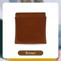 Brown leather storage pouch with automatic spring closure for jewelry and earphones - 8*8cm / Brown