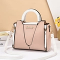 Pink and white patchwork leather handbag with gold metal logo and crossbody strap - Pink & White