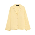 Camicia in lino giallo tenue a maniche lunghe con scollo a V e colletto cubano retrò - XS / Tops / Giallo chiaro