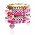 Handmade layered heart bracelet set in pink and white with LOVE and XOXO charms - Pink White XOXO Heart Set