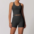 Set yoga nero due pezzi con crop top a vogatore e pantaloncini a vita alta sportivi - Taglia S / Top E Pantaloni / Canotta + Pantaloncini / Grigio Blu Profondo