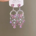 Silver drop earrings with pink zircons featuring butterfly design and long tassels - S925 Needle-Silver-Pink-Stud Earrings