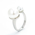 Elegant adjustable silver open ring featuring two white imitation pearls of different sizes - Silver