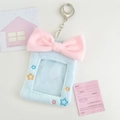 Blue plush photocard holder with pink bow and colorful star embroidery on white background - Bowknot Star Style / Blue