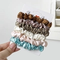 6-piece satin scrunchies set in neutral colors displayed on a branded white card - 12# Olive Pink Cyan 6Pcs Set