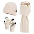 Winter set with cream knit beanie, scarf, and touchscreen gloves in ribbed texture - Beige