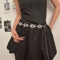 Silver metal butterfly waist chain with layered rings and a dangling chain for dresses - Silver Ring Buckle K0200A