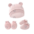 Set neonato con cappello a righe bianche e rosa, muffole e calzini con stampa R - Set da 3 Pezzi Bordo Naturale Lettera Riga Sottile Rossa