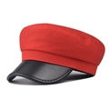 Detail of red fabric newsboy cap with black faux leather visor and fine stitching - M (56-58cm) / Red
