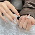 Long almond press-on nails with nude jelly gradient, rhinestones and pearls - S11 Sparkling Rhinestone / 30 Pieces
