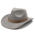 Detail of grey suede western cowboy hat with leopard print leather band and rustic drawstrings - M (56-59cm) / Grey Suede