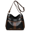 Black woven crossbody bag with multiple zippers and adjustable shoulder strap for women - Black and Brown