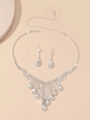Sparkling silver floral bridal jewelry set with crystal necklace and water drop earrings - Ornate Teardrop Rhinestone Style (DTN14027271S)