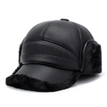 Winter men's black lychee pattern leather trapper hat with warm faux fur ear flaps - Black With Black Fur