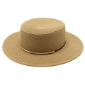 Close-up of light khaki straw flat top hat with black ribbon and gold metal accent - M (56-58cm) / Khaki