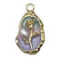 French vintage enamel flower pendant with golden rose and white pearl detail - Purple-Green Pearl Rose Flower-22106