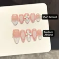 Pink French ombre press-on nails with 3D flowers and pearls in almond shapes - L / Medium Almond (3440)