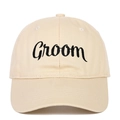 Close-up of Groom black embroidery on beige cotton baseball cap with classic curved brim - Groom (GROOM) / Beige