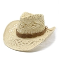 White hollow woven straw cowboy hat with brown leather band for beach sun protection - M (56-58cm) / Beige