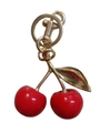 Charming red cherry keychain with gold metal leaves and spring clasp on white background - Dark Red Cherry with Light Gold