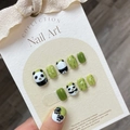 Handmade panda and green bamboo nail press-ons with 3D black pearl accents in short style - Extra Small (XS) / Hand-painted Panda