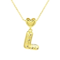 Close-up of golden letter L pendant with pavé cubic zirconia and heart clasp detail - Letter-L