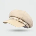 Beige octagonal newsboy hat with textured fabric and a faux leather brim - One Size / Leather Brim Style-Beige