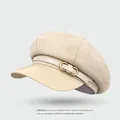 Beige octagonal newsboy hat with textured fabric and a faux leather brim - One Size / Leather Brim Style-Beige
