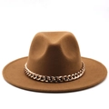 Close-up of brown wool fedora hat featuring a stylish gold chain band accessory - Khaki