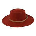 Elegant 9cm wide brim wool fedora hat in rust red with brown leather buckle strap - One Size(58cm) / Brick Red