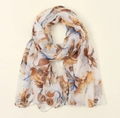 Floral voile scarf in brown and blue botanical print, lightweight breathable wrap - Blue Brown Beige Floral