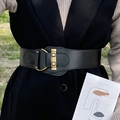 Ceinture large élastique pour femme avec boucle dorée vintage pour manteaux et robes - Noir