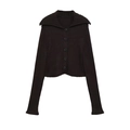 Schlank geschnittene schwarze Rippstrickjacke mit großem Kragen und Knöpfen - S / Dunkelbraun