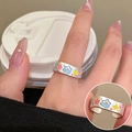 Adjustable silver ring with colorful enamel stars and smiling clouds in matte finish - JZ5015 Silver Frosted Smiley Cloud Star Ring