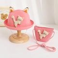 Pink straw hat and matching bag set for kids with 3D cat ears and adorable feline decor - Watermelon Red Hat + Bag