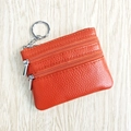 Red pebbled leather coin purse with multi-layer zipper pockets and metal keychain - Orange