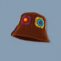 Brown crochet bucket hat with colorful floral granny square patterns in boho style - One Size / Brown Six Flowers Patchwork Hat