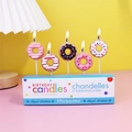 Set of 5 colorful donut-shaped birthday candles on a blue base for party cake decor - Donut Candle