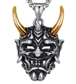 Pendente maschera Hannya giapponese argento e oro con robusta catena in acciaio - Oro a Due Toni (E405-2)