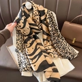 Long silk scarf featuring classic leopard and zebra animal prints in brown and black - 90x180cm / Khaki